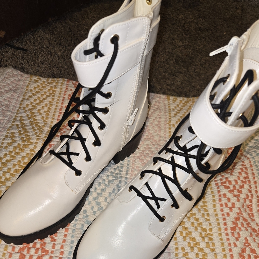 White Combat Boots with Black Laces